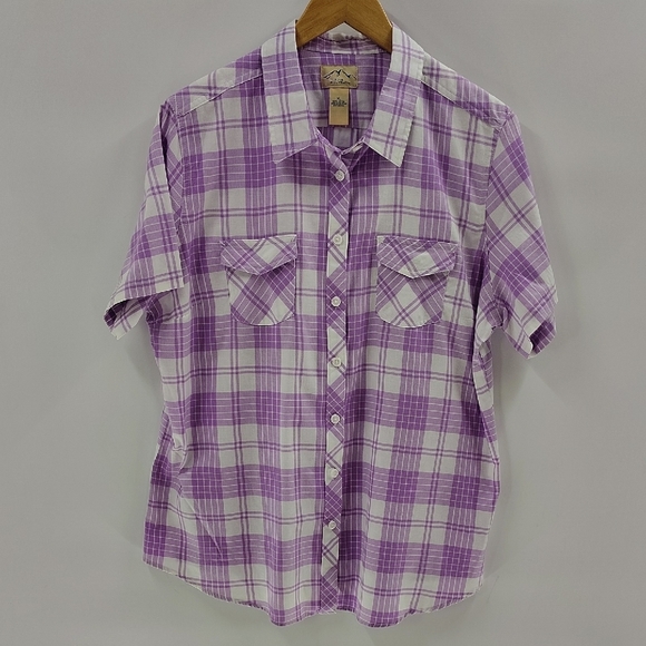 Blue Mountain Button Down Top Size XL Purple And White Plaid Check Short Sleeve - Picture 1 of 4